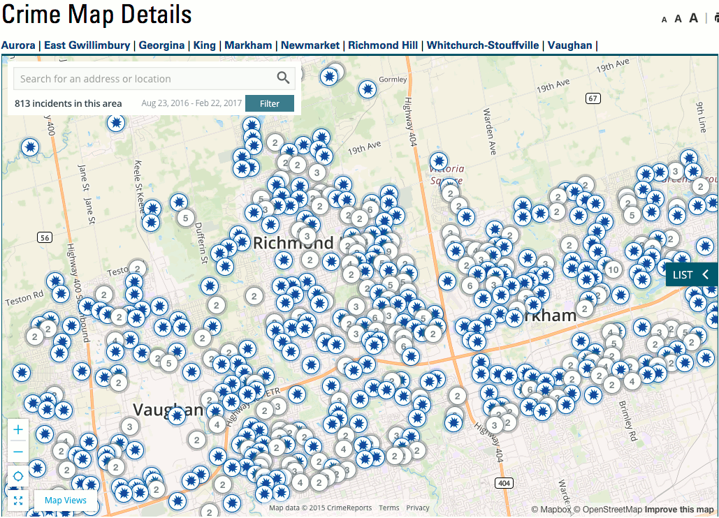 Example screen shot of map showing break and enters in all neighbourhoods in York Region. 