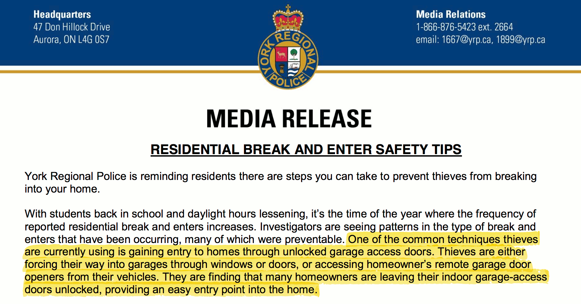 Image of York Region Police Media Release on Common Garage Entries